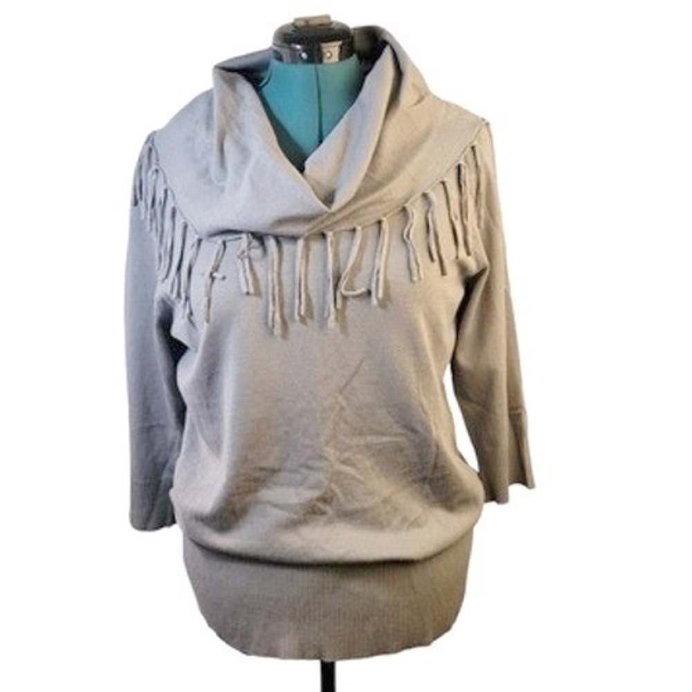 Notations Sweater Women L Grey Rayon Blend Cowl Neck Fringe 3/4 Sleeve Boho Chic